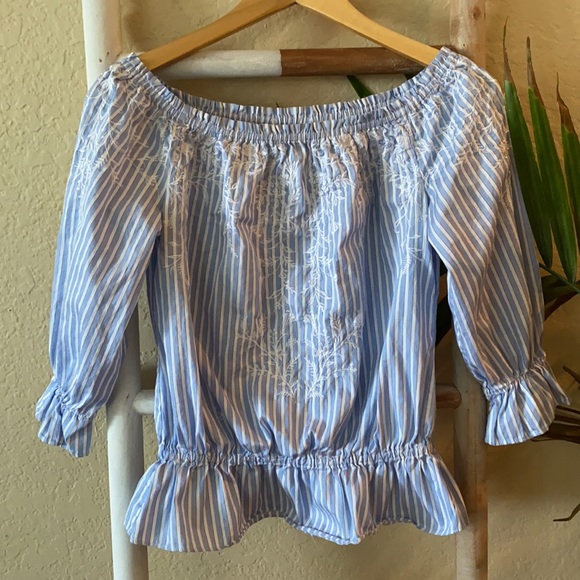 WHBM blue & white striped off shoulder top - Picture 5 of 13